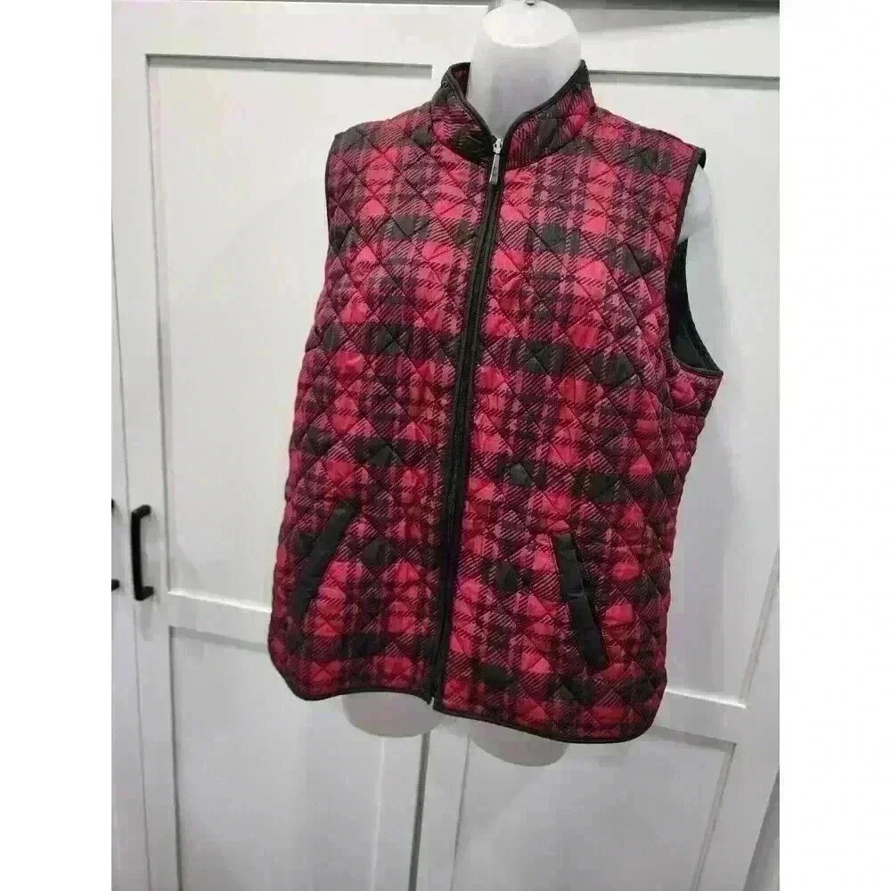 Karen Scott Sport Vest Full Zip Jacket Sz Large Red/Black Plaid